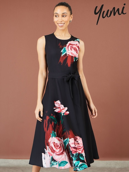 Black - Yumi Abstract Floral Skater Midi Dress