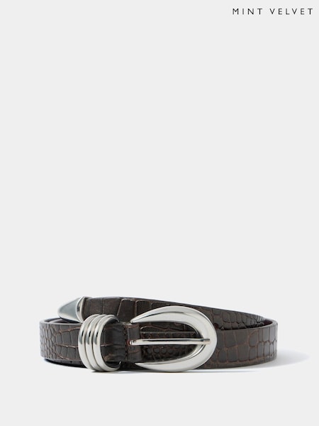 Brown - Mint Velvet Leather Croc Textured Belt