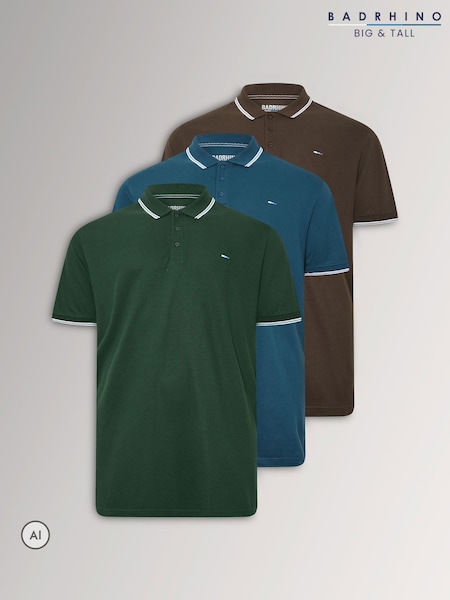 Verde - Regular Badrhino Big & Tall Tipped Polo Shirts 3 Pack