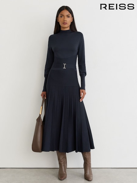 Navy - Reiss Lydia Belted Pleated Knit Midi Dress