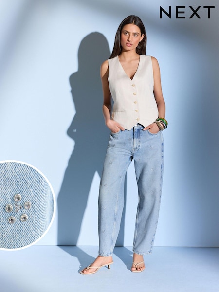 Albastru mediu cu decorațiuni - 100% Cotton Barrel Jeans (M07696) | 220 LEI