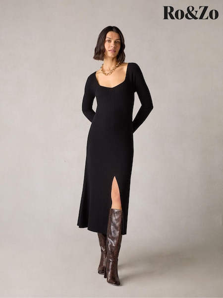 Ro&Zo Petite Rib Knit Sweetheart Neckline Black Midi Dress (M08758) | €66