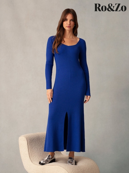 Ro&Zo Blue Rib Knit Sweetheart Neckline Midi Dress (M09060) | €35