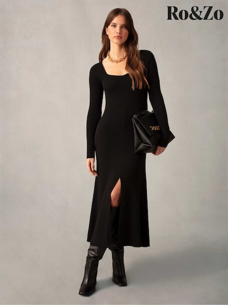 Ro&Zo Rib Knit Sweetheart Neckline Black Midi Dress (M11006) | €61