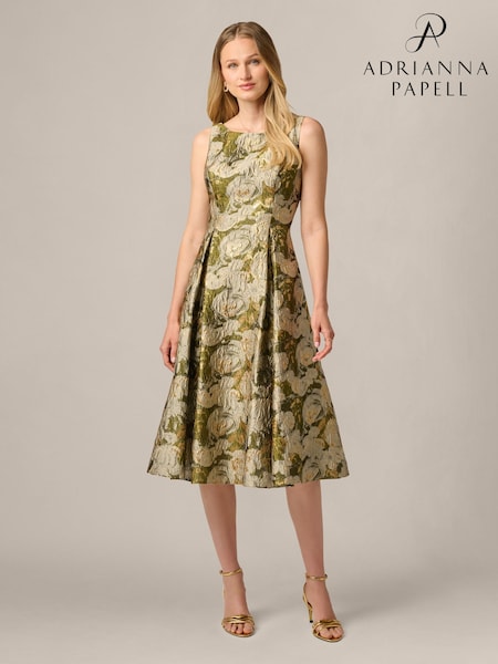 Green - Adrianna Papell Boat Neck Jacquard Midi Dress