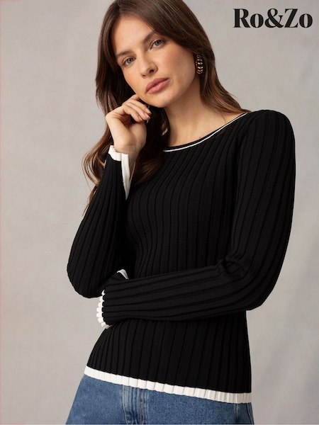 Ro&Zo Wide Rib Knit Contrast Neckband Black Jumper (M16894) | €43.50
