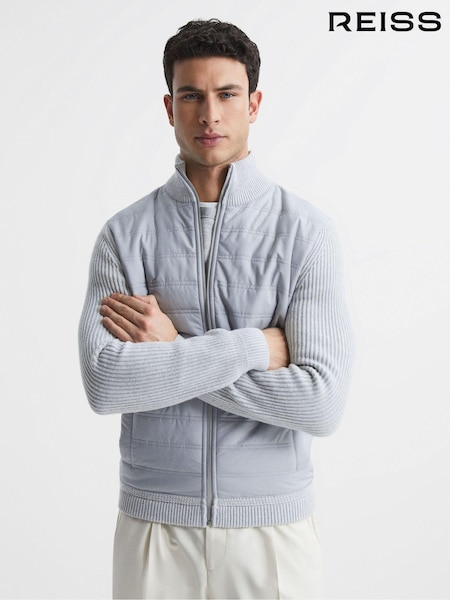 Reiss Soft Grey Trainer Hybrid Quilt and Knit Zip-Through Jacket (M20732) | €258