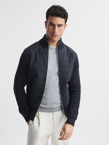 Reiss Navy Trainer Hybrid Quilt and Knit Zip-Through Jacket (M20812) | 1,308 QAR