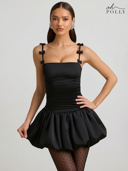 黑色 - Oh Polly Bow-detail Ruched Bubble Hem Mini Dress