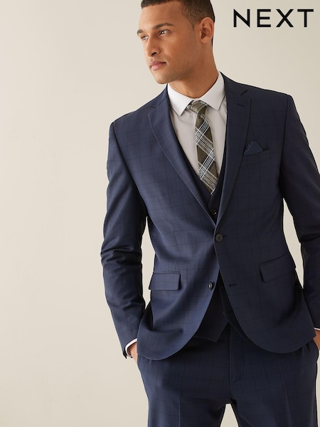 Bright Blue Slim Fit Wool Mix Motion Flex Check Suit: Jacket (M21076) | €30