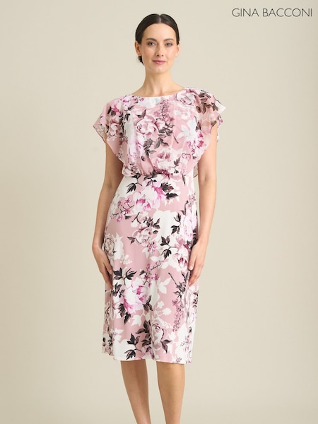 Pink - Gina Bacconi Raegan Chiffon Overlay Print Dress