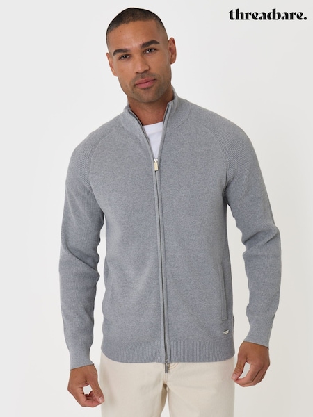 אפור - Regular Threadbare Knitted Zip Up Funnel Neck Cardigan