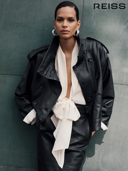 Black - Reiss Amelie Leather Belted Double-breasted Jacket