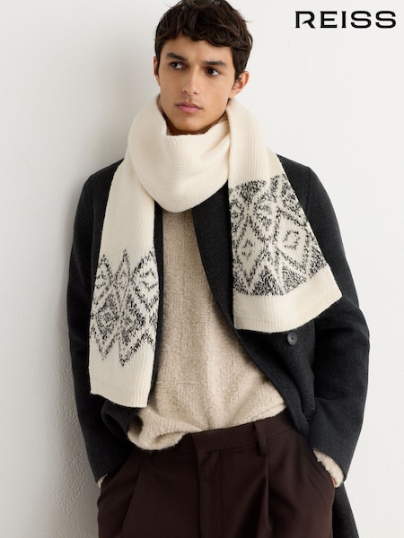 blanco/verde - Regular Reiss Benny Cotton And Wool Blend Fairisle Scarf