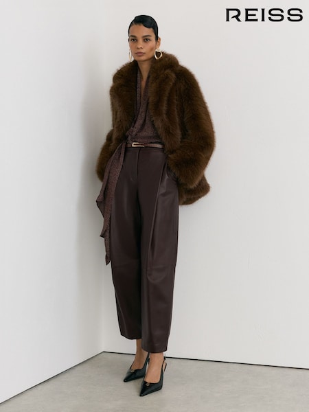 Burgundy - Reiss Aries Leather Barrel-leg Pleated Trousers