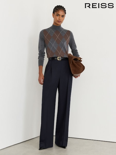 Navy - Reiss Luna Wool-blend Wide-leg Pleated Trousers