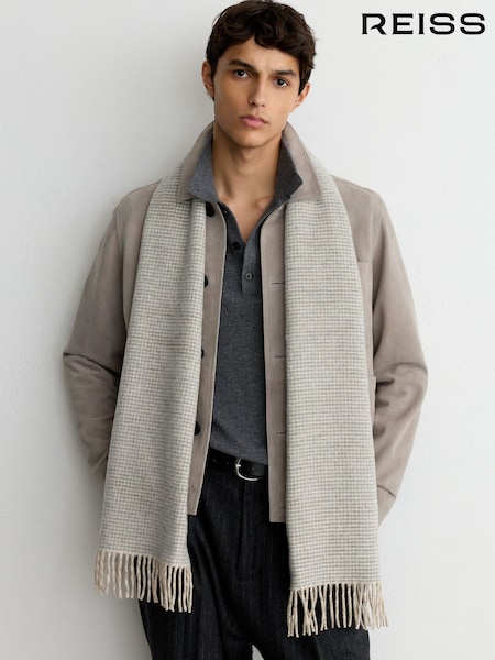 Oatmeal - Regular Reiss Creek Wool-cashmere Houndstooth-check Scarf