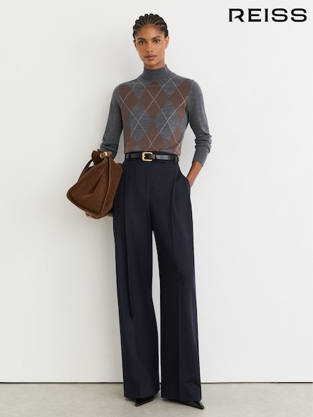 Navy - Reiss Luna Wool-blend Wide-leg Pleated Trousers