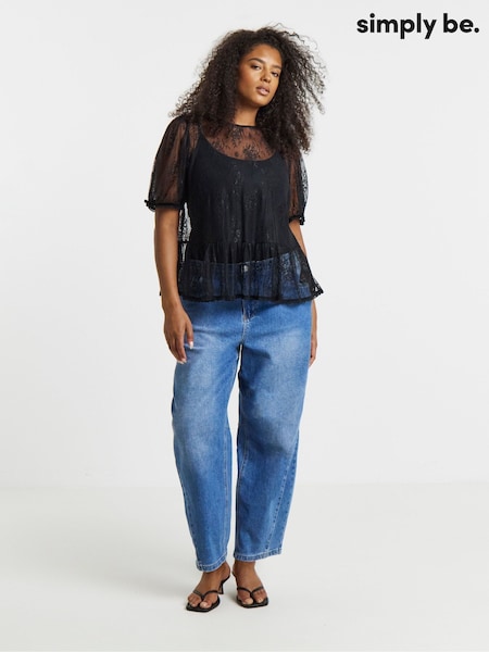 Black - Simply Be Lace Peplum Top