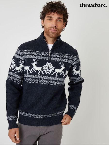 Blue - Regular Threadbare Fairisle Knitted Quarter Zip Christmas Jumper