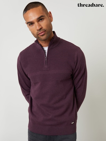 Rojo - Regular Threadbare Rib Detail Knitted Quarter Zip Jumper