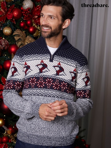 Blue - Regular Threadbare Ski Fairisle Cable Knit Quarter Zip Jumper