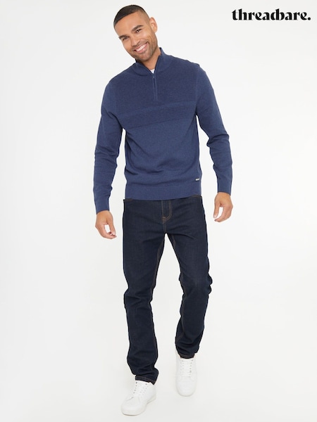 Mørkeblå - Regular Threadbare Rib Detail Knitted Quarter Zip Jumper