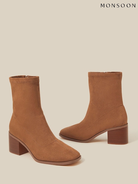 Brown - Monsoon Suki Faux Suede Heeled Sock Boots
