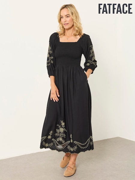 Black - Fatface Embroidered Midi Dress