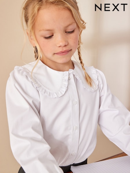 White Cotton Stretch Pretty Collar Long Sleeve School Blouse (3-14yrs) (M27440) | AED41 - AED66