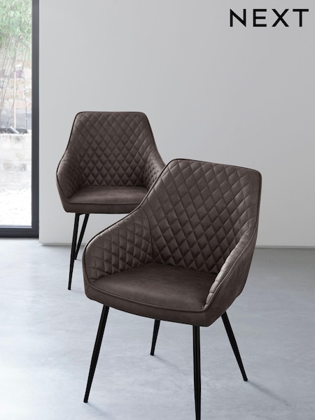Set of 2 Monza Faux Leather Peppercorn Brown Hamilton Black Leg Quilted Dining Chairs (M29625) | €415