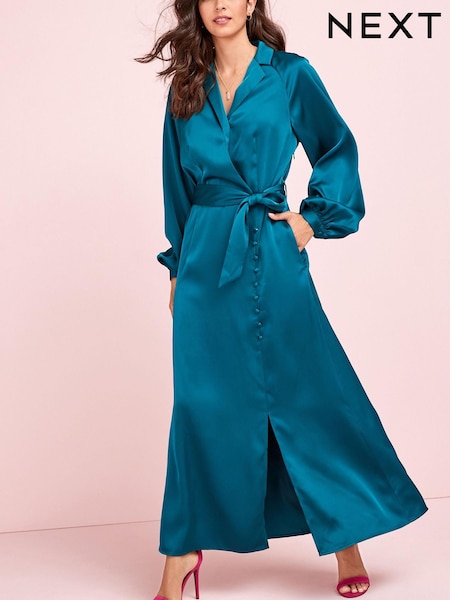 Зеленый - Long Sleeve Satin Midi Dress (M36183) | €22