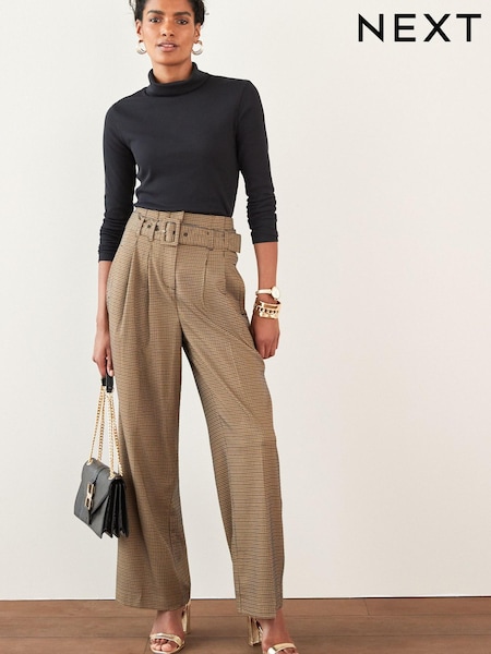 Brown Check Belted Wide Leg Tailored Trousers (M36360) | €37