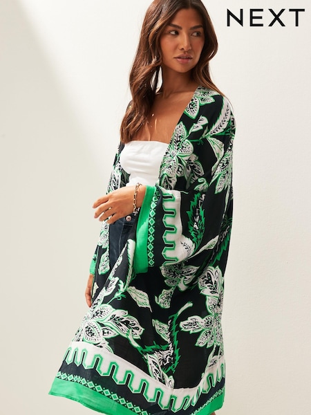 Imprimeuri cu model frunze Negru/Verde - Chimono lung (M37136) | 132 LEI