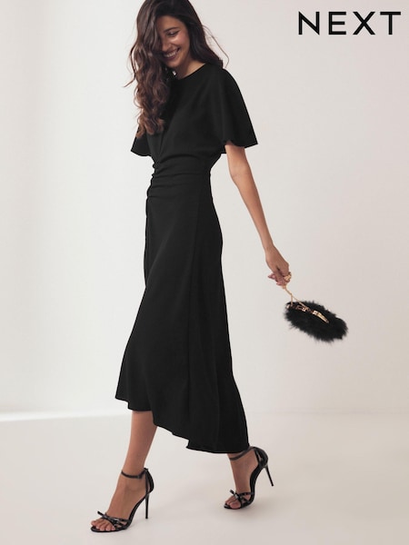 Black Short Sleeve Ruched Midi Dress (M37470) | $58