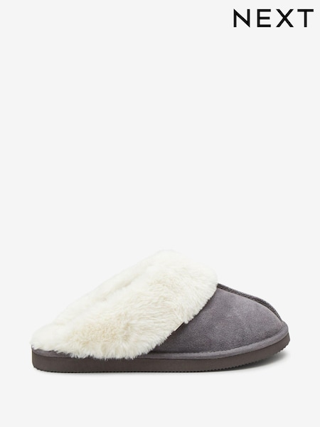 Gris - Suede Faux Fur Lined Mule Slippers (M40018) | € 17