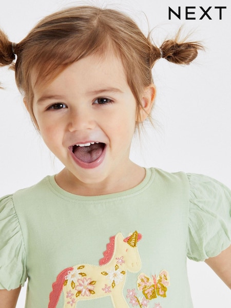 Žajbljevo zelena s samorogom - Short Sleeve Cotton T-Shirt (3mths-7yrs) (M43605) | € 7 - € 9