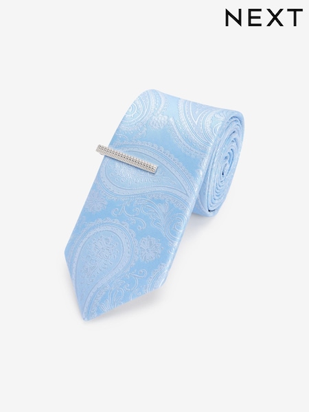 Light Blue Paisley Slim Pattern Tie And Tie Clip (M44284) | €3