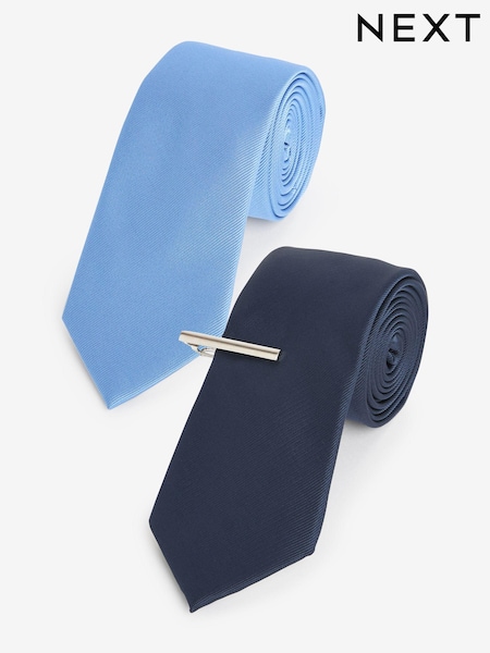 Navy Blue Twill Ties With Tie Clip 2 Pack (M44290) | AED48