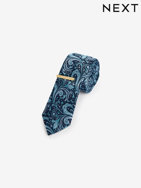 Navy Blue Paisley Slim Design Tie And Tie Clip (M44293) | AED35