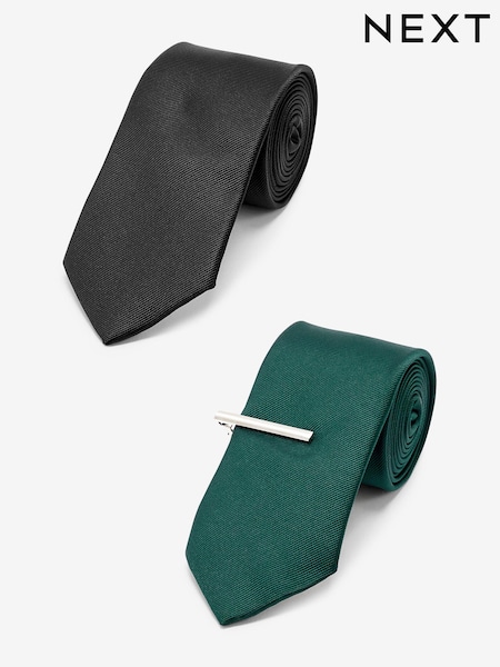 Black/Forest Green Twill Ties With Tie Clip 2 Pack (M44908) | €12