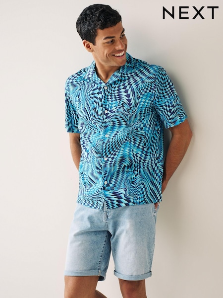 modra/črna - Short Sleeve Printed Shirt With Cuban Collar (M46212) | € 16