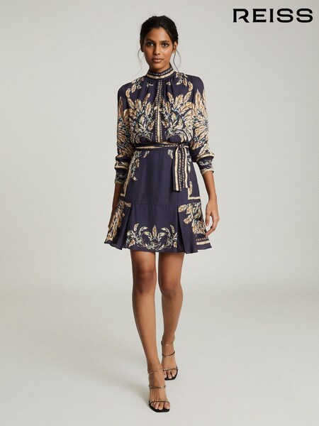 Reiss Blue Maria Feather Printed Mini Dress (M47398) | 1,433 QAR