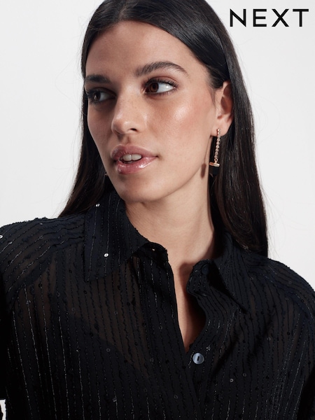 Черный - Sequin Long Sleeve Shirt (M48075) | €7