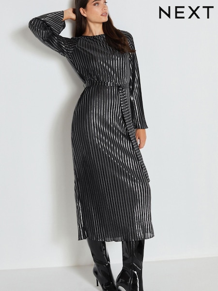 Silver Metallic Stripe Long Sleeve Belted Midi Dress (M48130) | €10