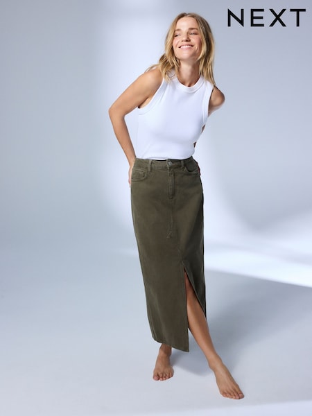 Grønn - Split Front Maxi Denim Skirt