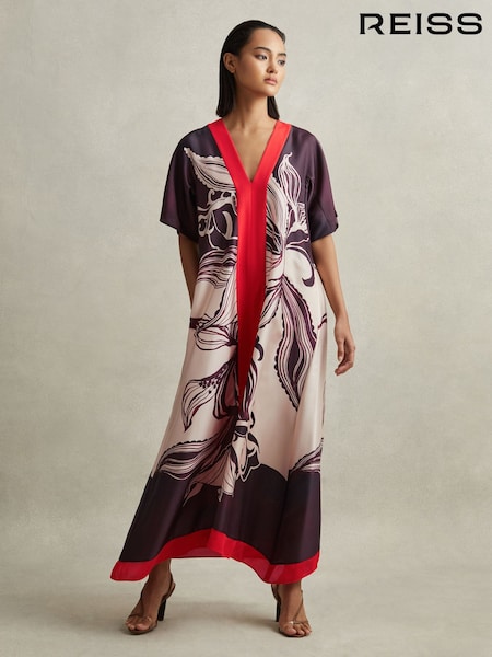 Reiss Ivory/Burgundy Hanna Printed Front Split Midi Dress (M50921) | €195