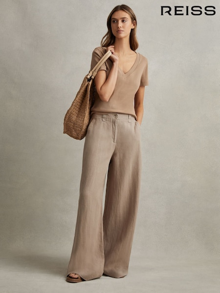 Reiss Mink Neutral Demi Linen Wide Leg Garment Dyed Trousers (M50940) | €88