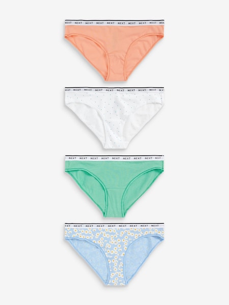 Blue Daisy Print/Spot/Green/Orange Bikini Cotton Rich Logo Knickers 4 Pack (M51935) | €12