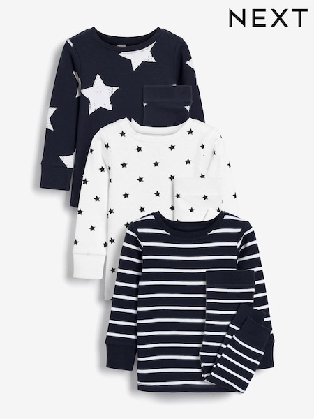 Navy Blue/White Star 3 Pack Snuggle Long Sleeve Pyjamas (9mths-10yrs) (M52910) | €13 - €17.50